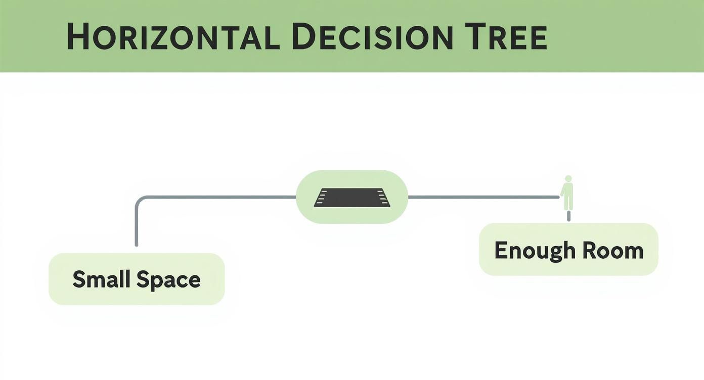 Infographic decision tree for choosing Pilates equipment based on on home space.