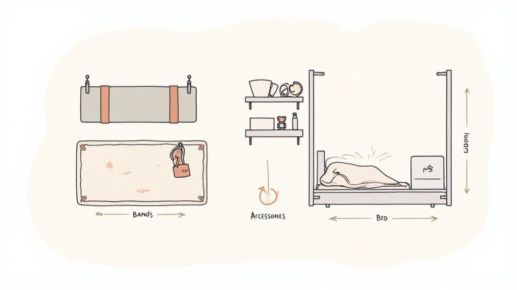 A diagram illustrating hanging fabric bands, shelves with accessories, and a bed frame with measurements.