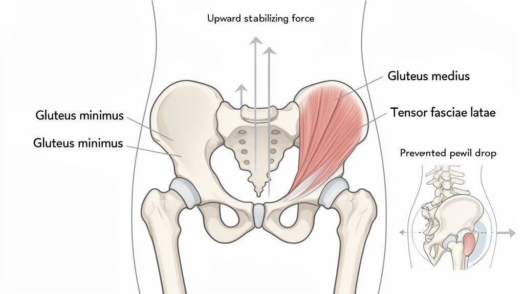 Anatomy of the pelvis highlighting gluteal muscles and tensor fasciae latae, showing upward stabilizing force.