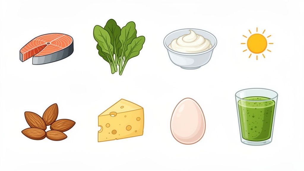 A diverse collection of healthy foods and elements like salmon, spinach, cheese, and sun for well-being.