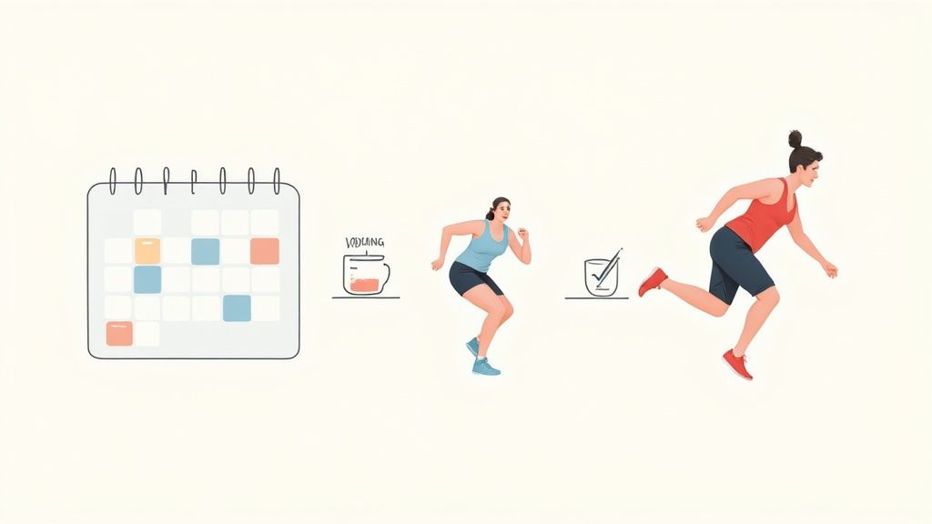 Visualizing exercise consistency with a calendar, 'VOLLGANG' cup, and two women running.