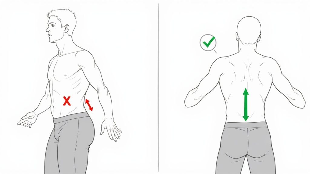 Illustration showing correct and incorrect core engagement and posture for exercise or Pilates.
