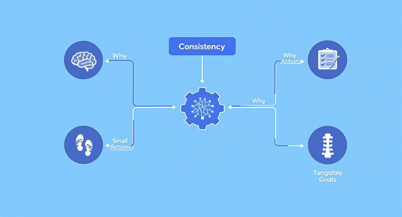 A diagram illustrating the components of consistency, including reasons, small actions, and tangible goals.