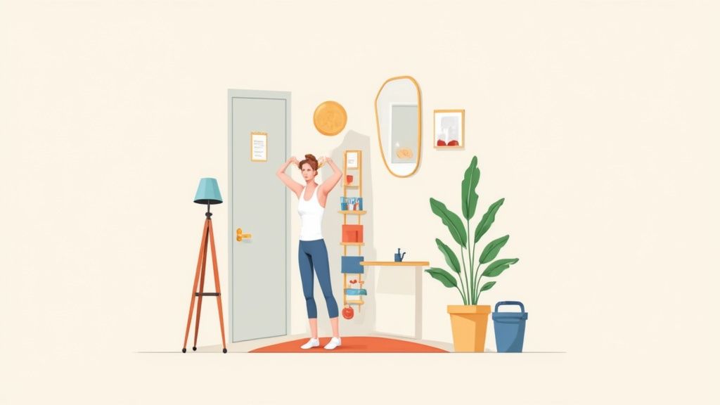 Woman setting up her home workout space in a living room.