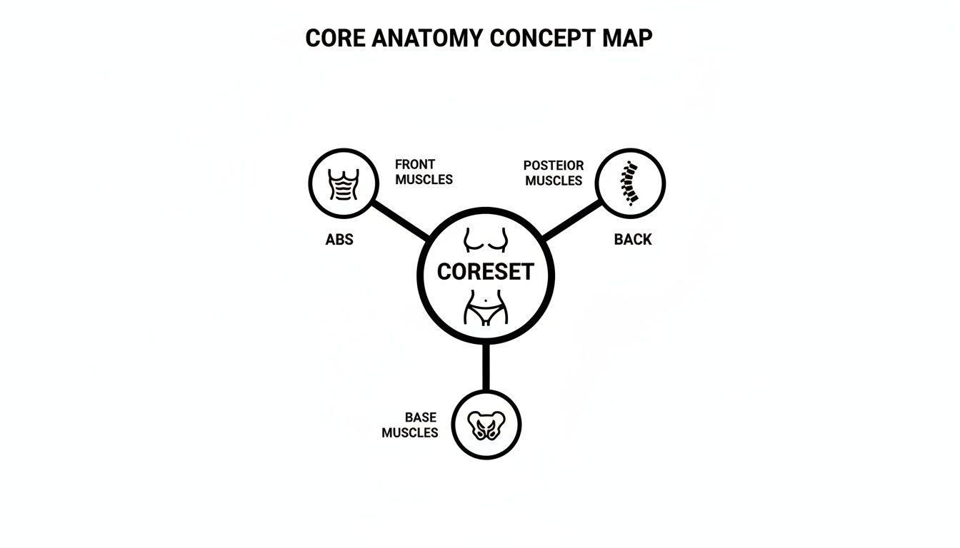 A concept map illustrating core anatomy, detailing the CORESET with front, posterior, and base muscles.