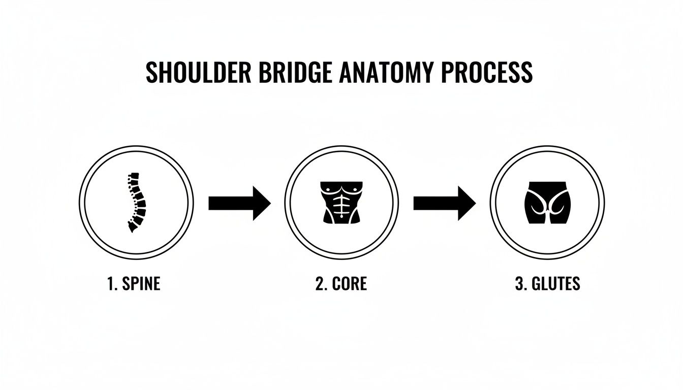 Diagram illustrating the shoulder bridge anatomy process, focusing on spine, core, and glutes in sequence.