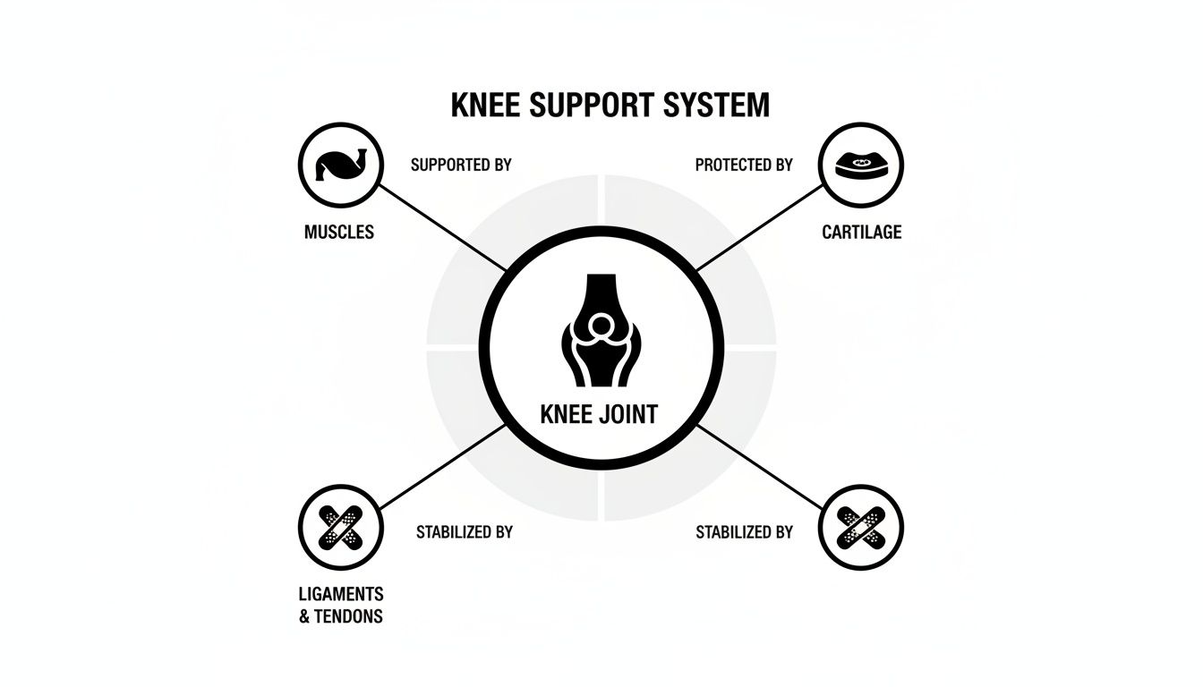 Diagram of a knee support system, highlighting the knee joint, muscles, cartilage, ligaments, and tendons.