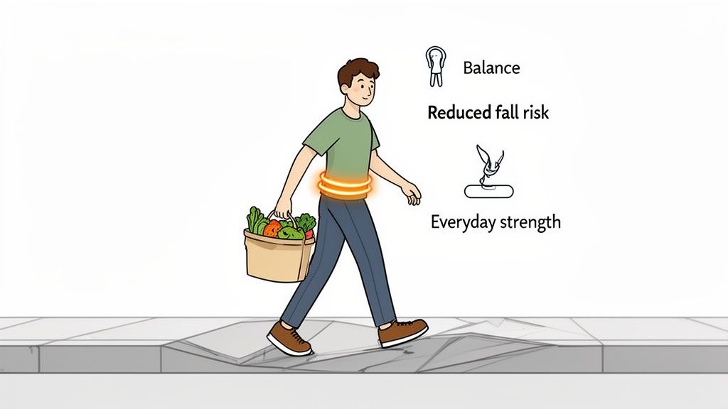 Cartoon man with glowing core carrying groceries, demonstrating improved balance, everyday strength, and reduced fall risk.