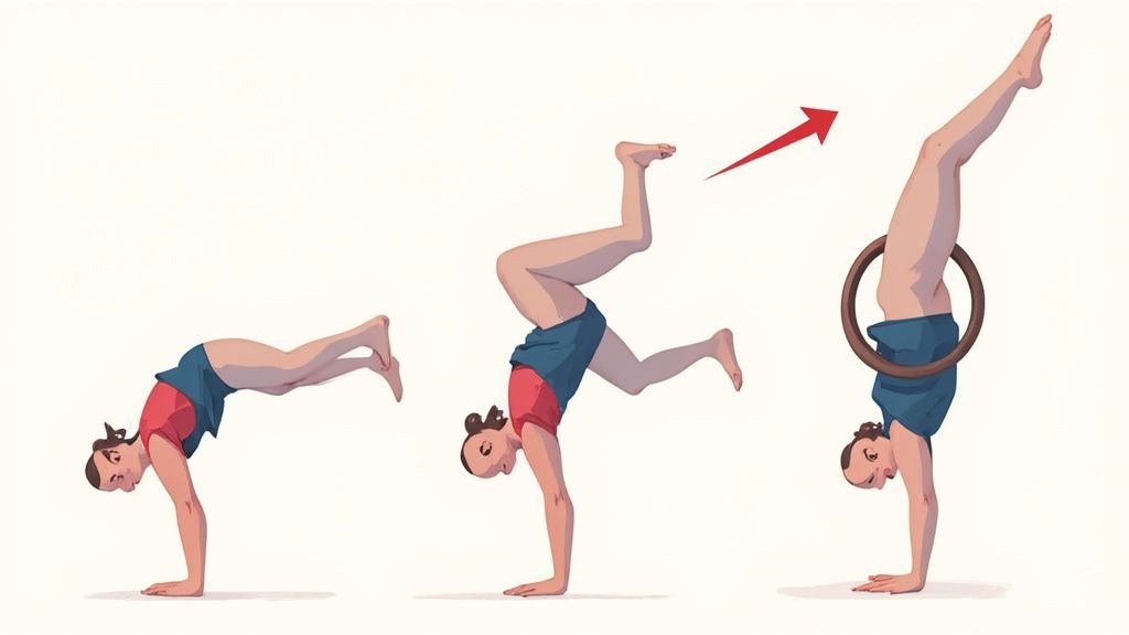 Woman demonstrating three progressive handstand positions showing proper form and leg alignment technique