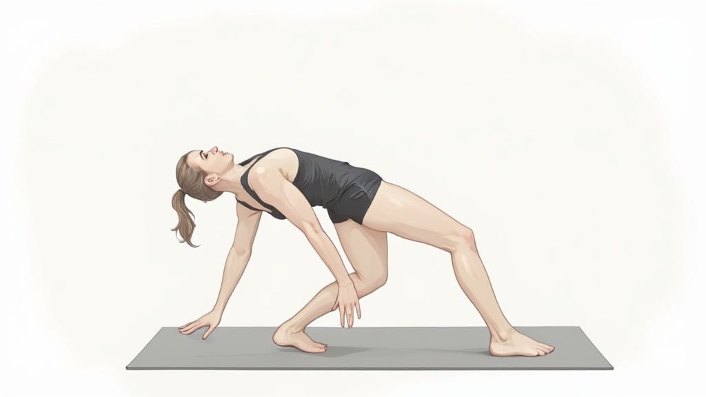 A woman performing a Pilates exercise on a mat using a resistance band around her legs.