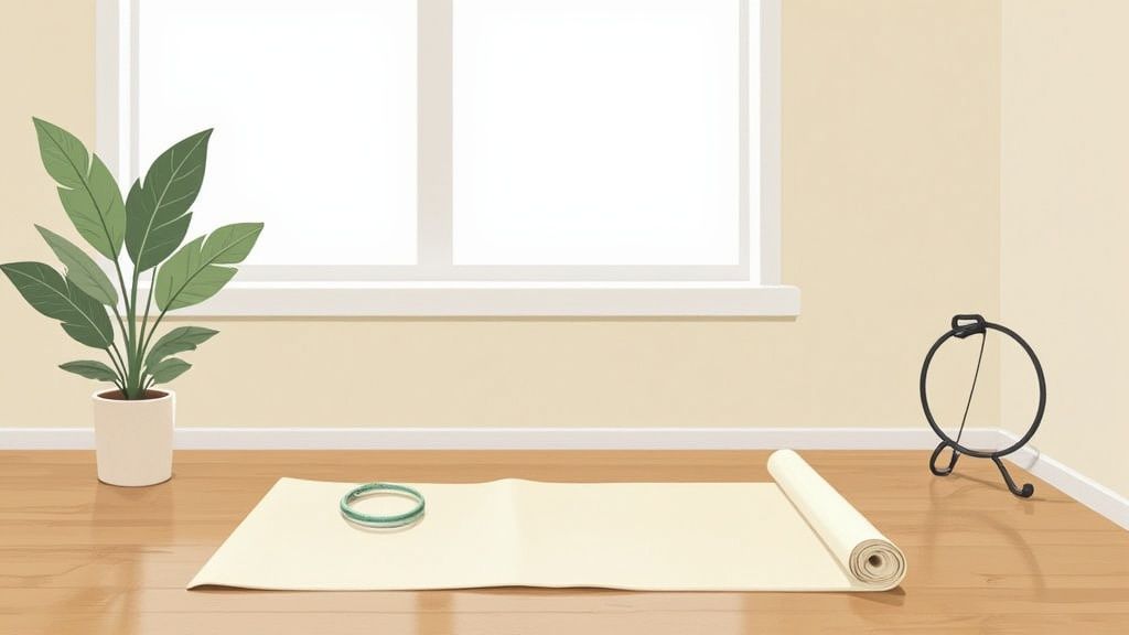 A serene home pilates setup with a mat, plant, and ring near a bright window.