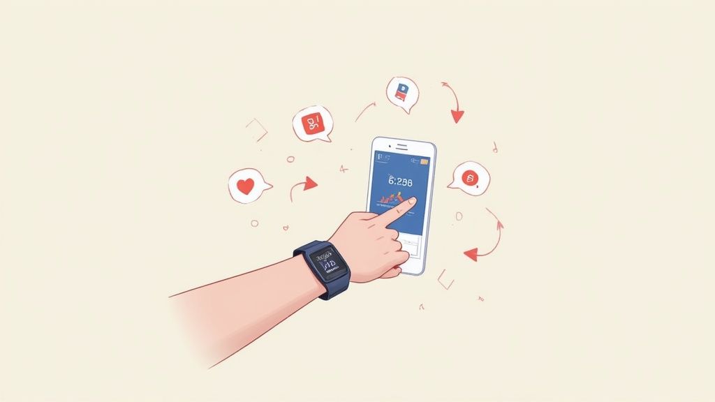 Illustration of a person using a smartwatch and phone to track exercise and receive notifications.