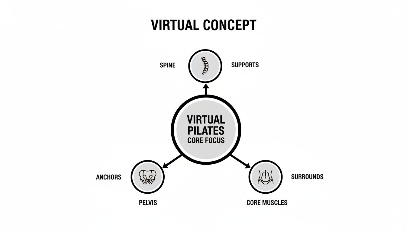 A diagram illustrating Virtual Pilates core focus, showing spine, pelvis, and core muscles.