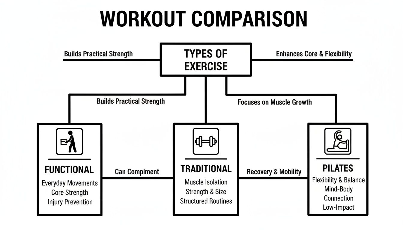 Diagram comparing functional, traditional, and Pilates exercises, outlining their benefits like strength, muscle growth, and flexibility.