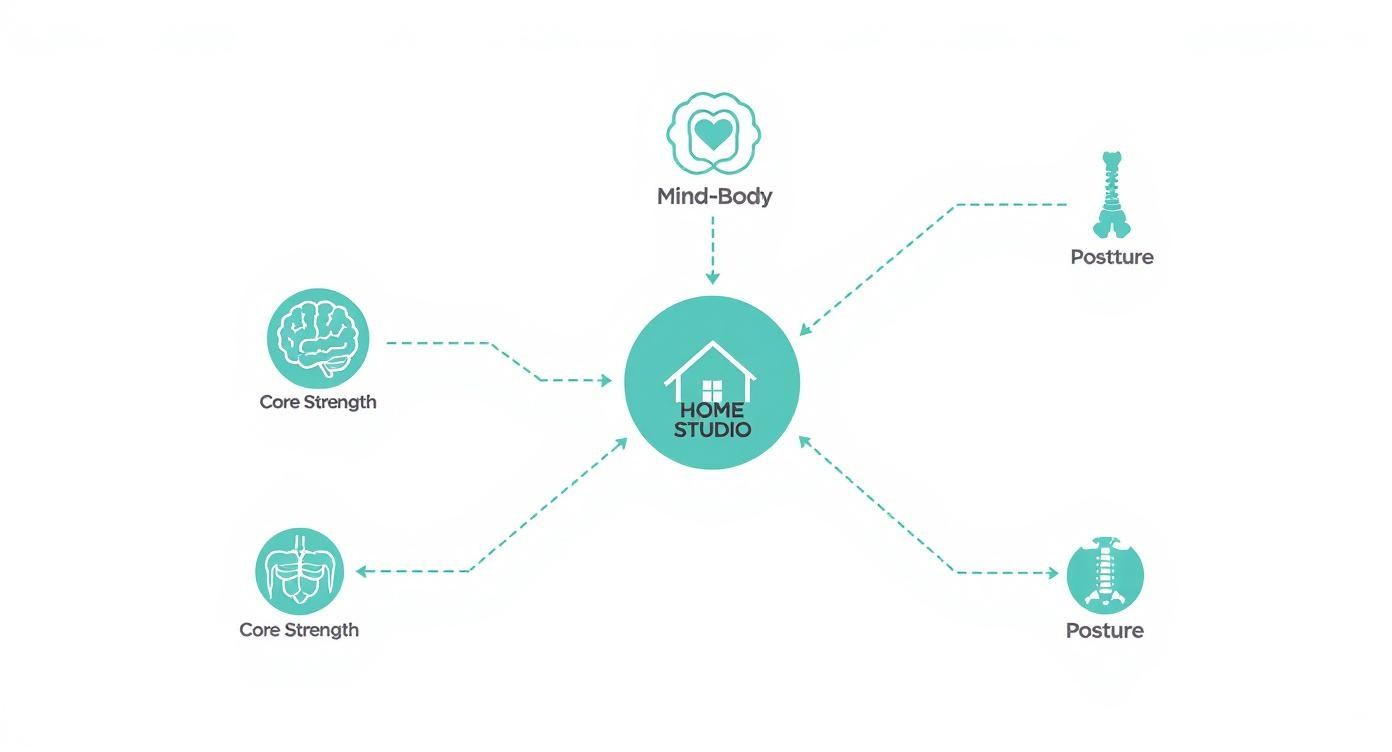 Home studio pilates program diagram showing connections between mind-body, core strength, and posture elements