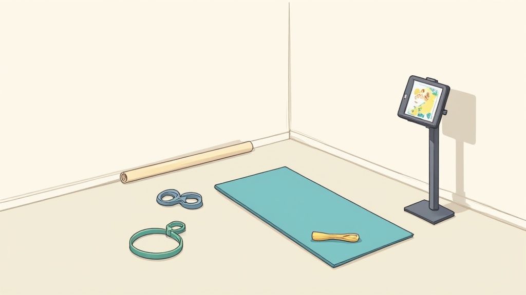 A woman practices Pilates at home on a mat, surrounded by her WundaCore equipment.