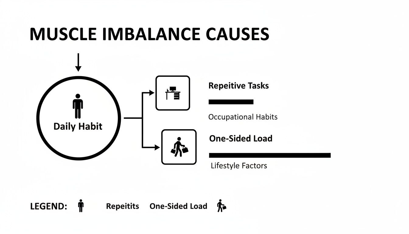 Diagram illustrating muscle imbalance causes, showing daily habits leading to repetitive tasks and one-sided loads.