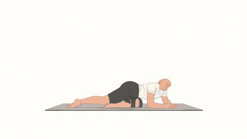 A person doing a Pilates on a mat with a resistance band around their thighs