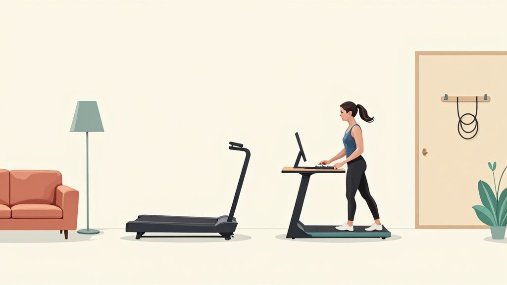 A woman walks on a treadmill desk, working on a computer in a modern room with fitness equipment.