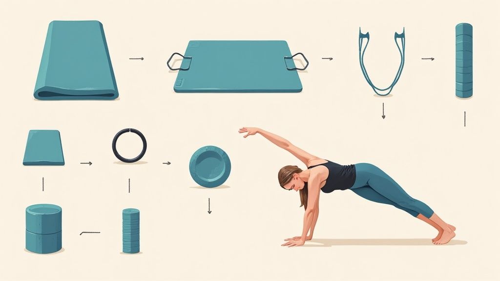 A woman lies on a blue Pilates mat, using a resistance ring to engage her inner thighs.