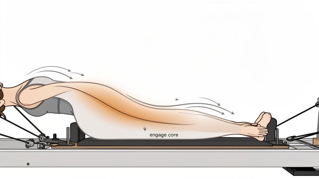 Woman on Pilates reformer, arching her back and extending legs, engaging core muscles.