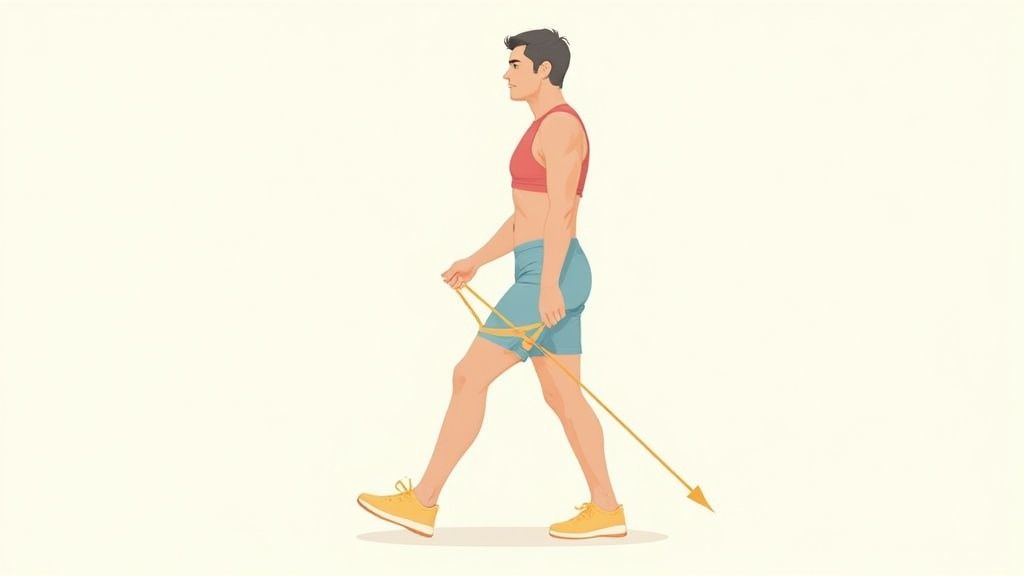 Side view of a man exercising his legs with a yellow resistance band.