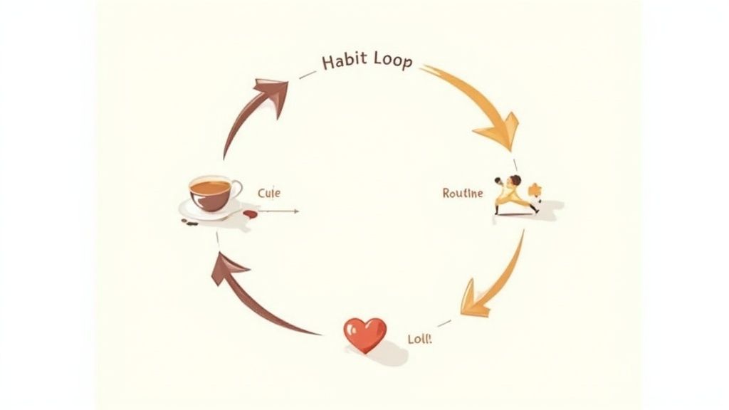 A habit loop diagram showing a coffee cup as a cue, a person exercising as a routine, and a red heart labeled 'Loll!' as the reward.