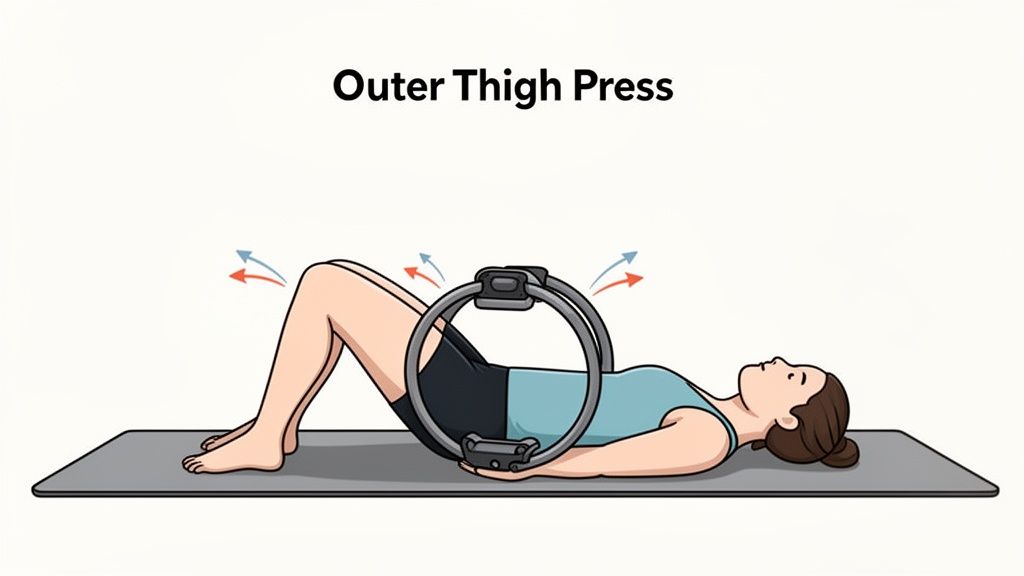 A woman lies on a mat performing an outer thigh press with a pilates ring.