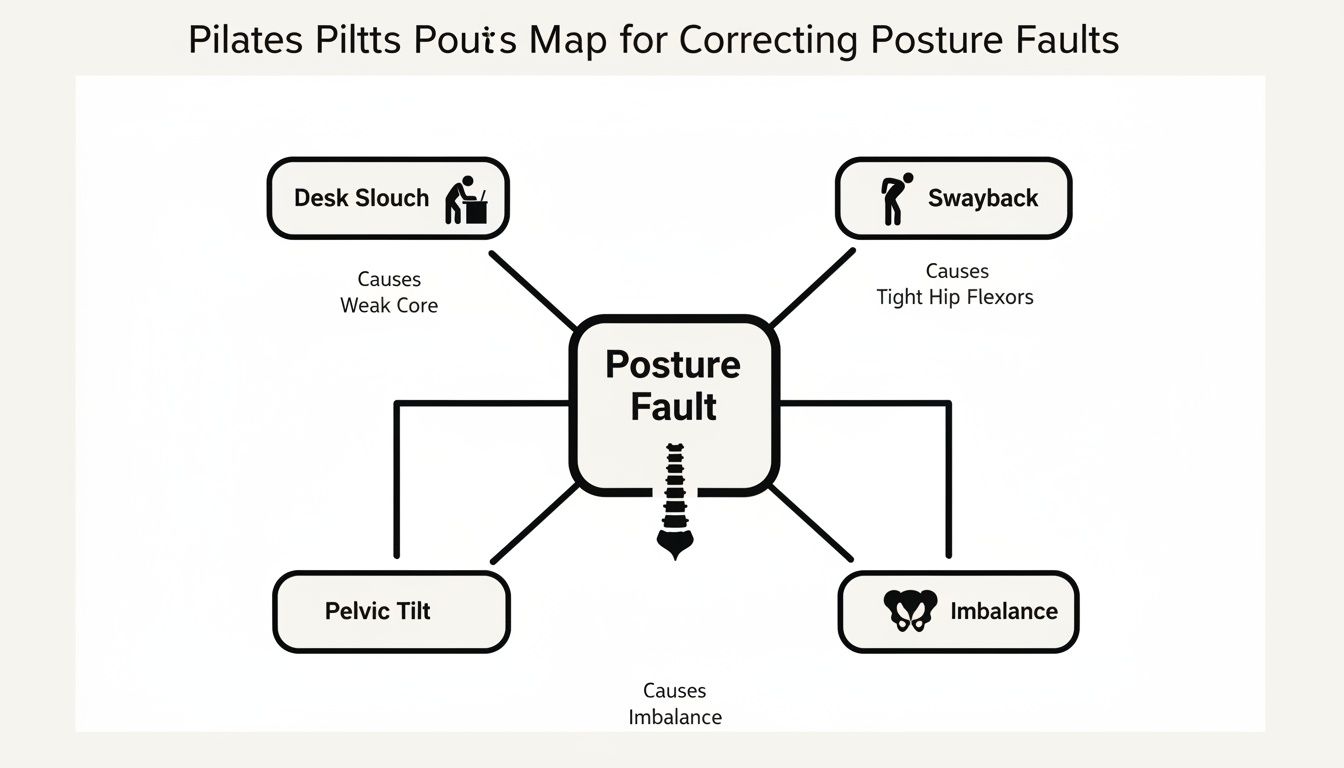 A Pilates map illustrating common posture faults like desk slouch, swayback, pelvic tilt, and imbalance, with causes.