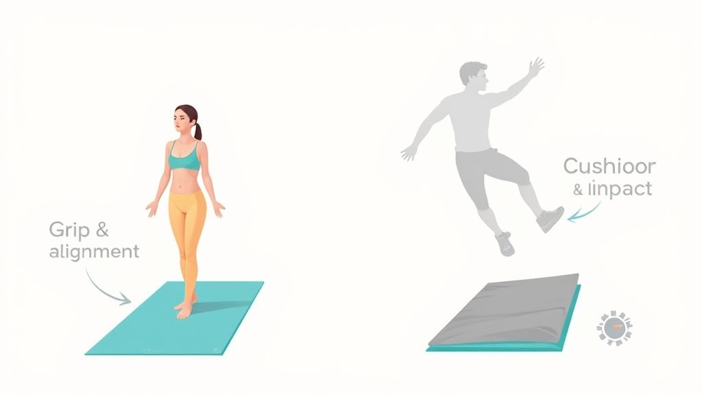Comparison diagram showing yoga mat grip alignment and cushioning impact absorption features for exercise