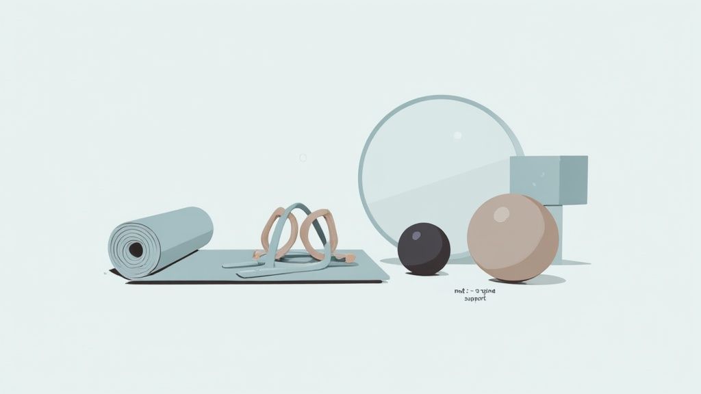 A minimalist illustration of a home pilates kit with a mat, resistance bands, and exercise balls.