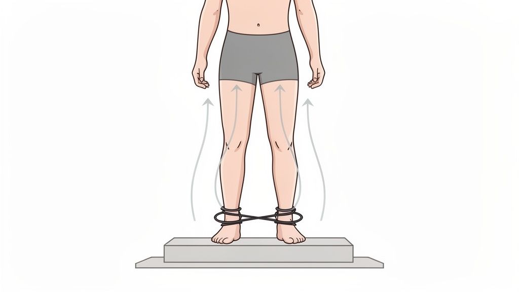 An illustration of a person performing a leg exercise with a resistance band around their ankles on a platform.