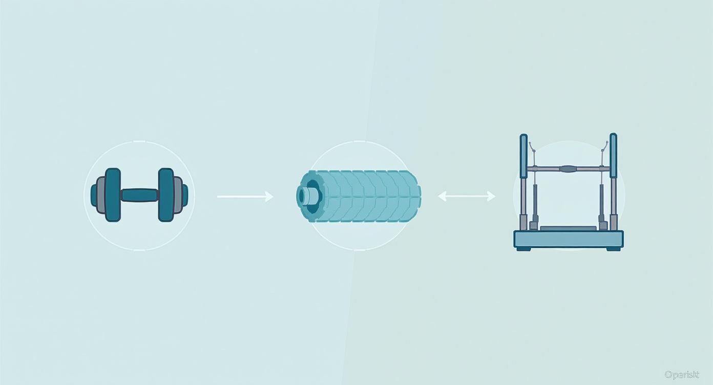 Three fitness items: a dumbbell, a foam roller, and a Pilates reformer, arranged sequentially.