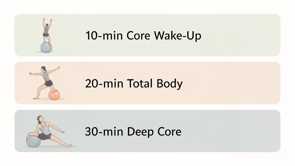 Three illustrated cards showing people performing various exercises with small pilates balls for core and total body workouts.