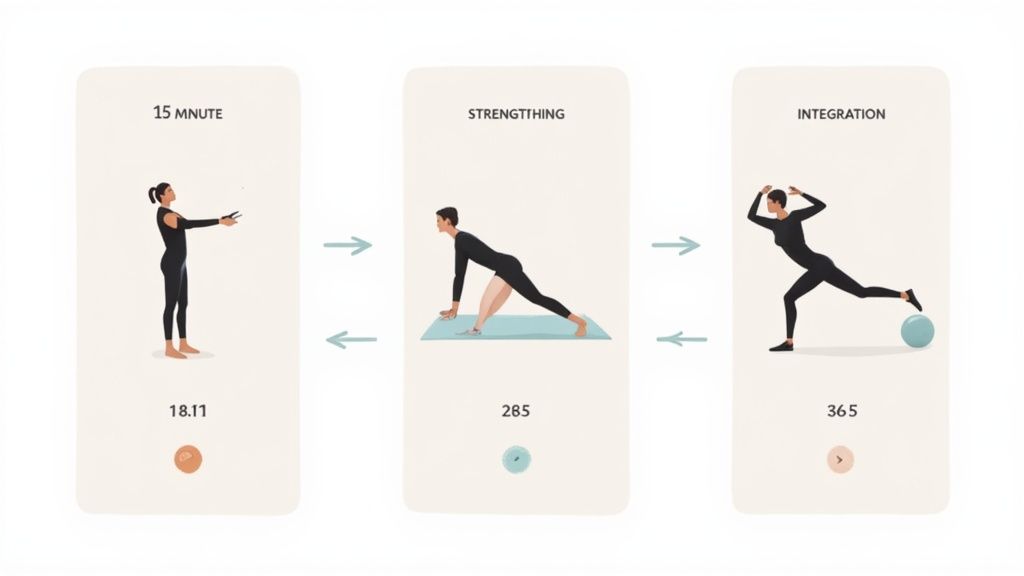 A woman performing a Pilates exercise on a mat at home, with a focus on core engagement and control.