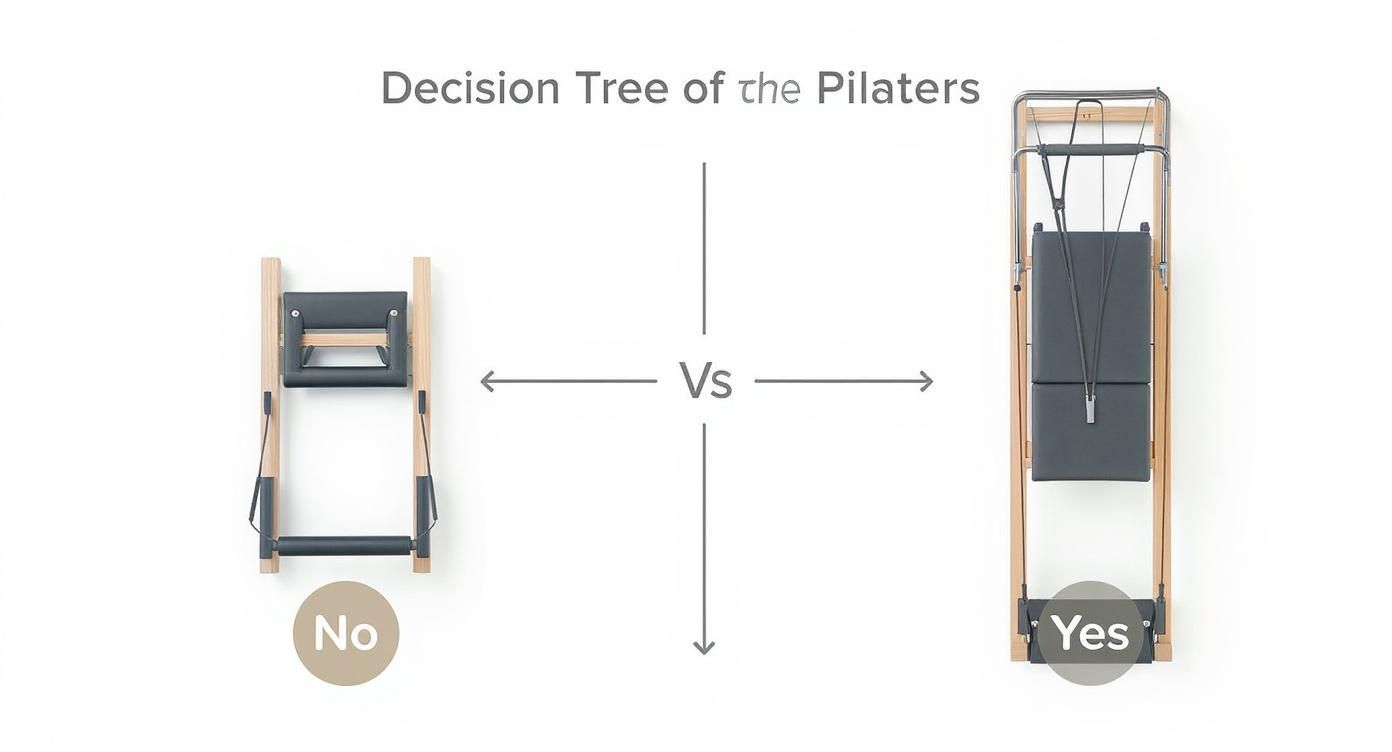 Infographic decision tree comparing a folding reformer for small spaces versus a full reformer for dedicated spaces.