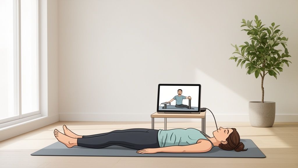 A person takes an online pilates class, lying on a mat while watching a laptop screen.