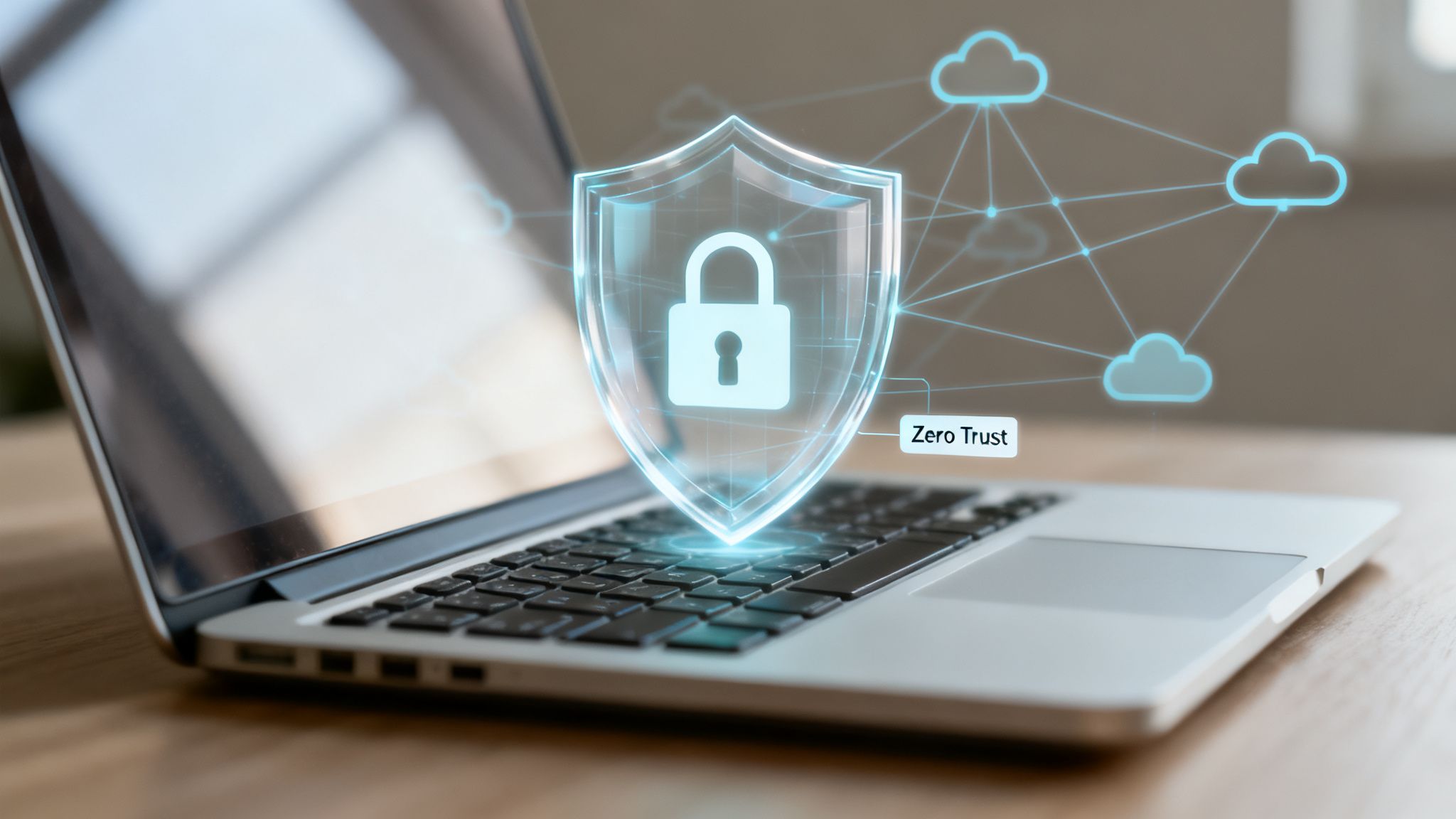 Glowing cybersecurity shield with a padlock on a laptop keyboard, connected to cloud network icons and 'Zero Trust' text.