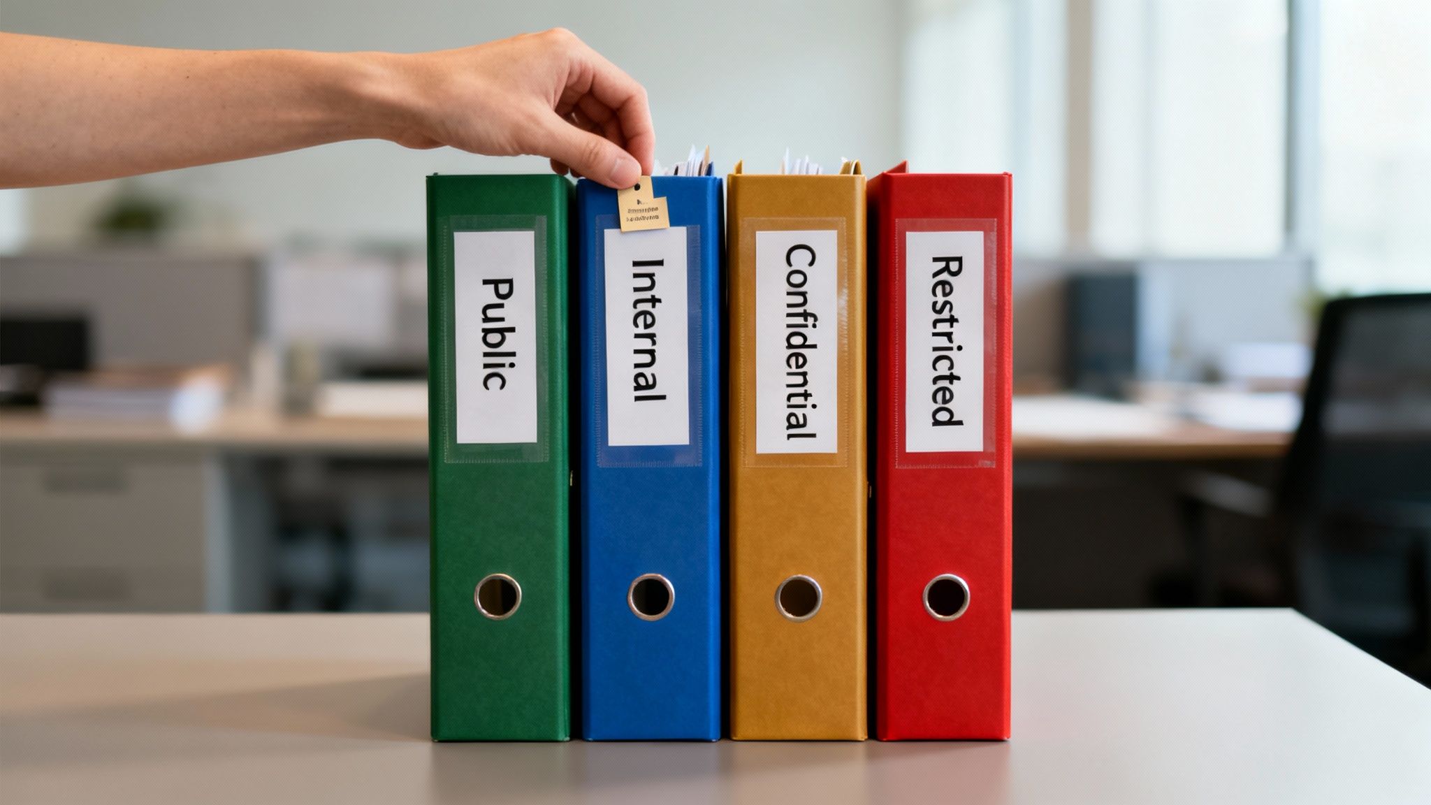 Hand placing a document into an internal blue binder among other classification folders.