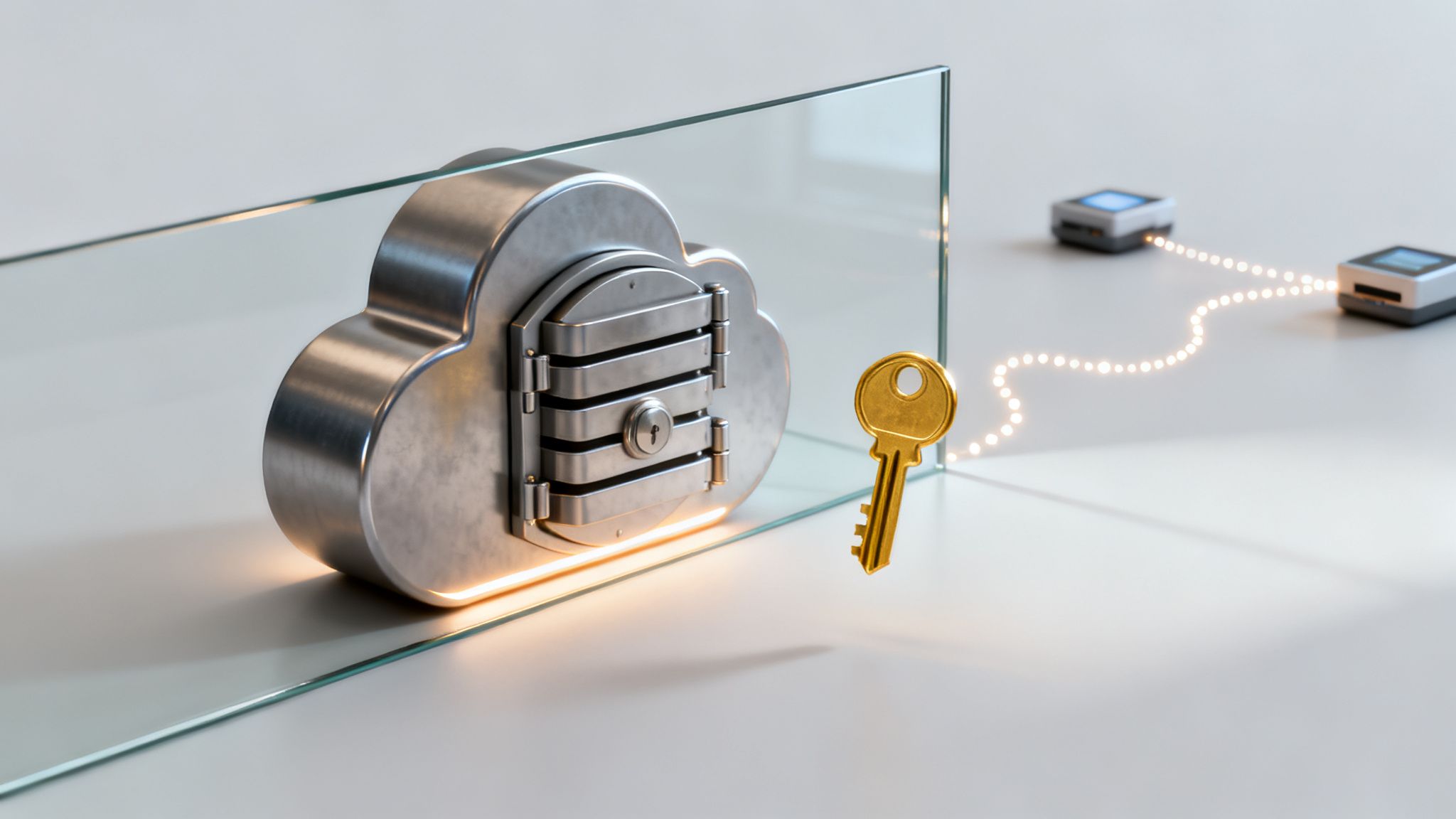 A metallic cloud-shaped vault behind glass, with a golden key and glowing data connection.