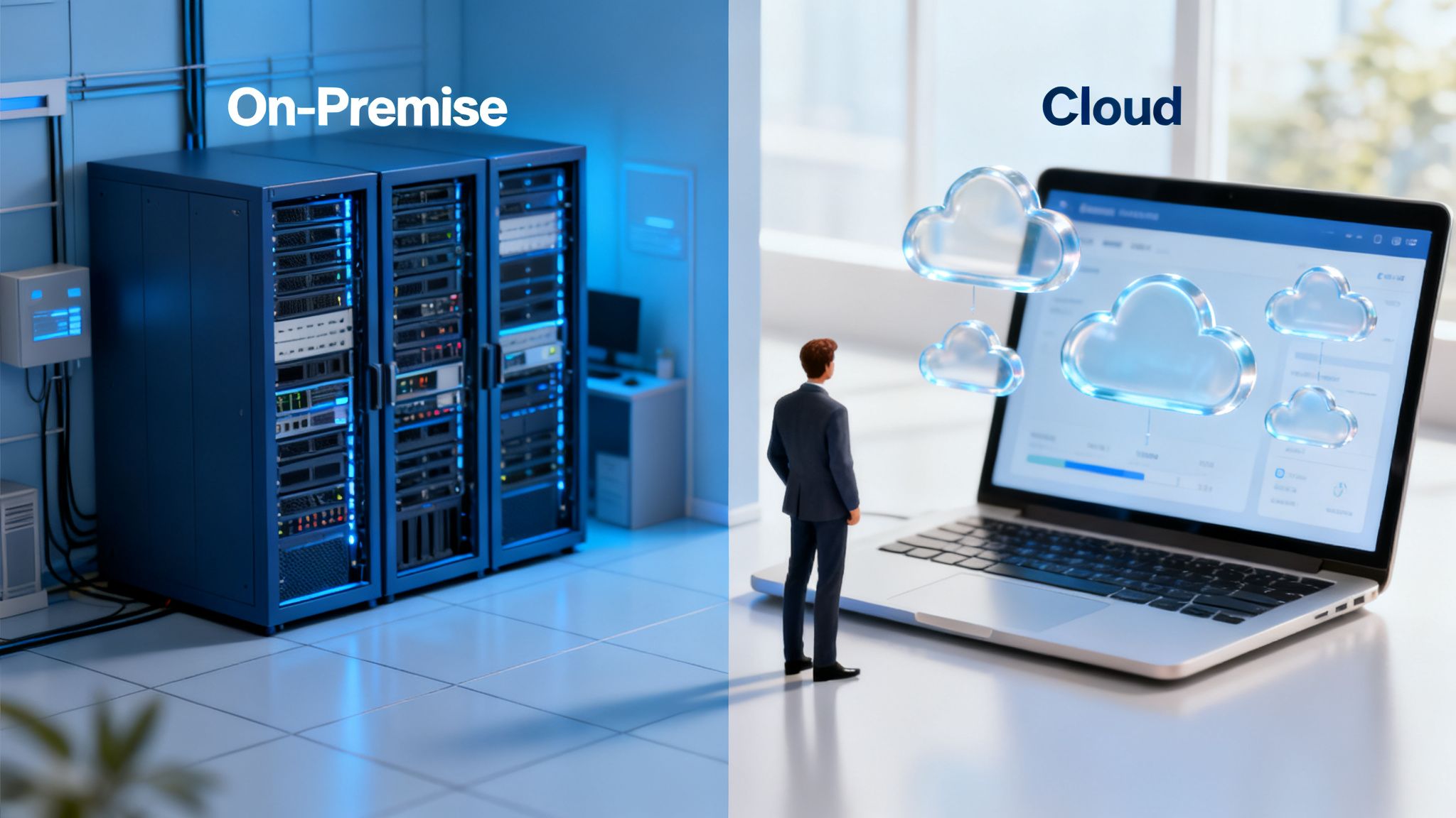 Side-by-side comparison of on-premise server racks and cloud computing represented by a laptop with cloud icons.