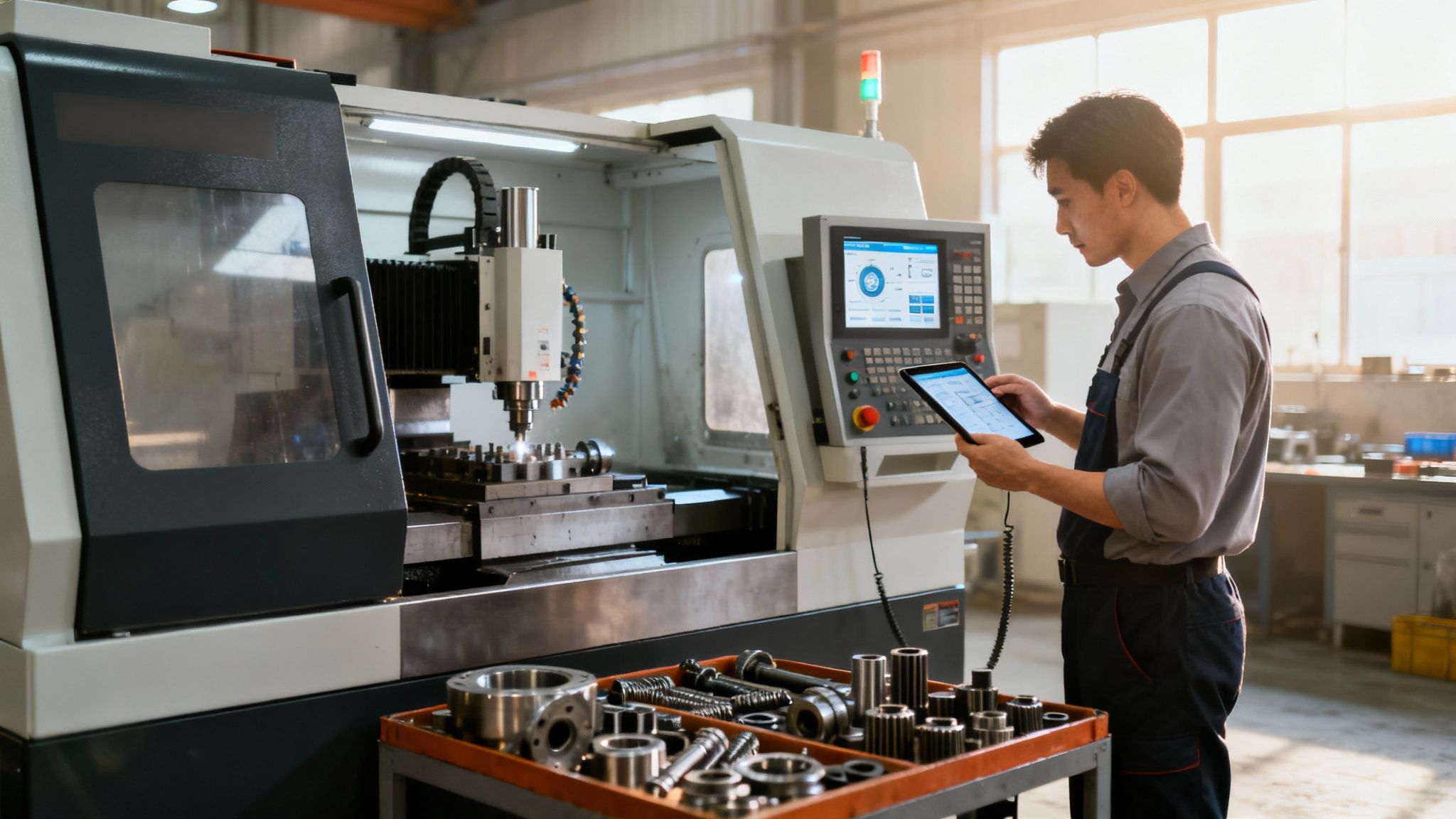 An Asian male factory worker uses a tablet to control a CNC machine in a manufacturing plant.