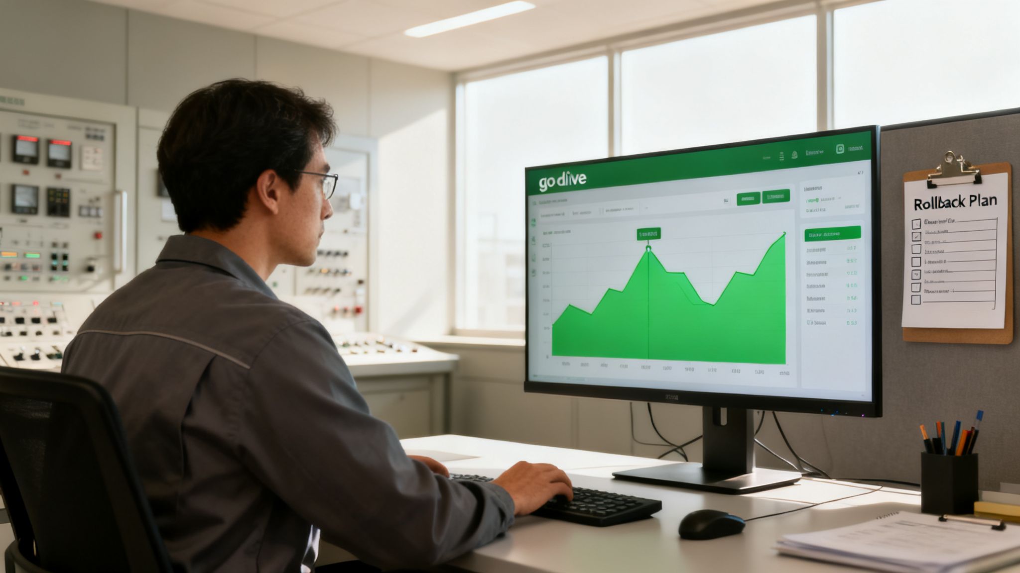 A technician analyzes system performance and a data graph on a monitor in a control room.
