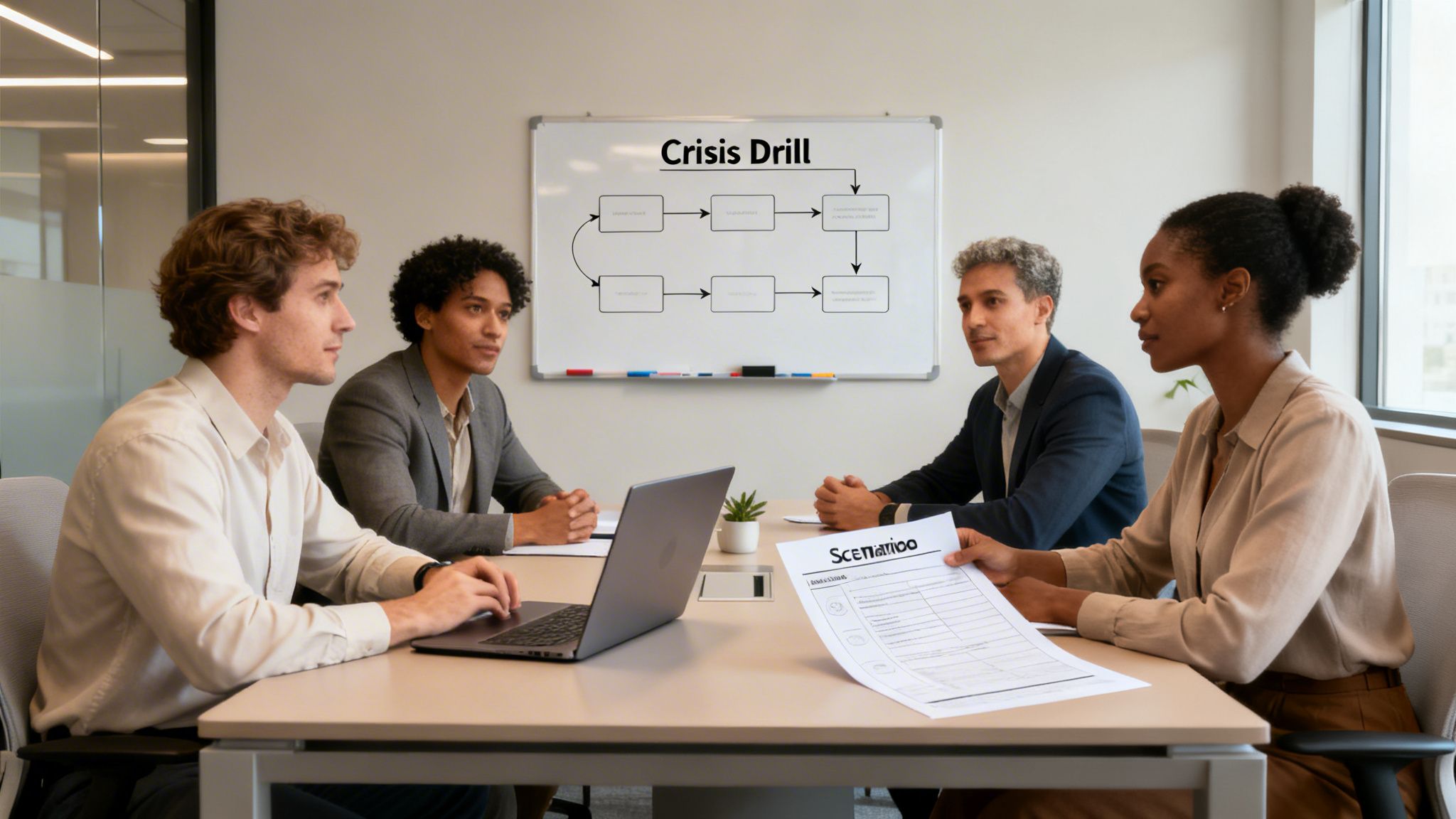 Diverse business team discusses a 'Crisis Drill' scenario in a modern meeting room.