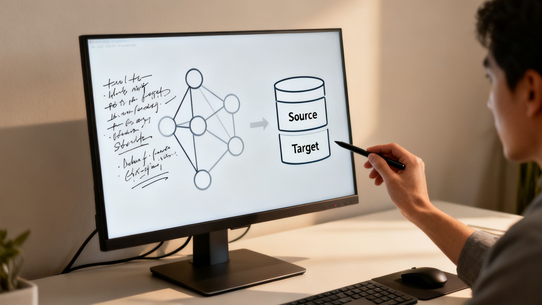 A person points a stylus at a computer monitor displaying a data migration diagram.