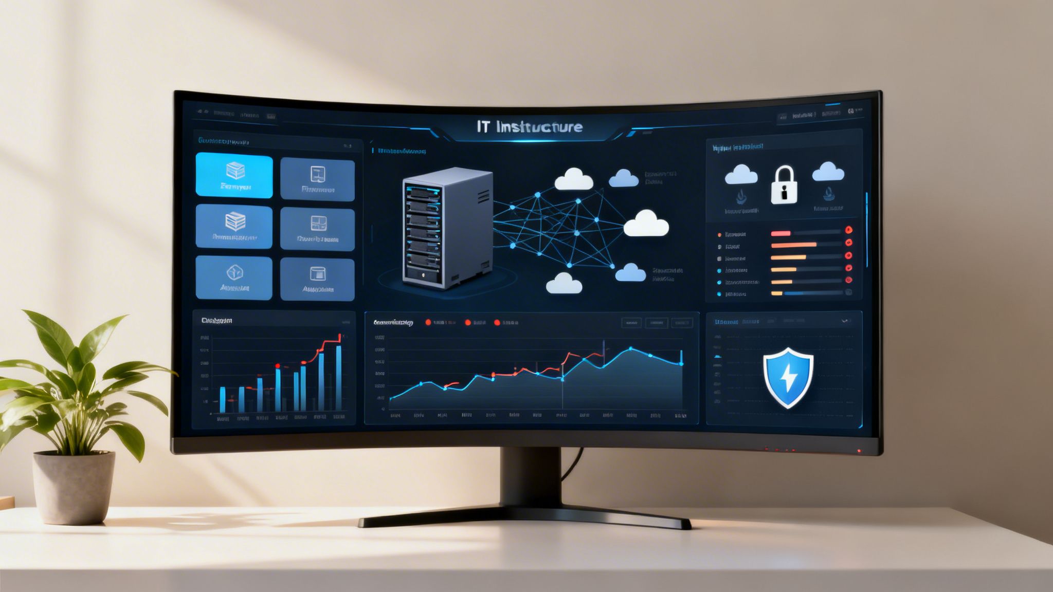 Curved monitor displaying a dark IT infrastructure monitoring dashboard with server, cloud, and graphs.