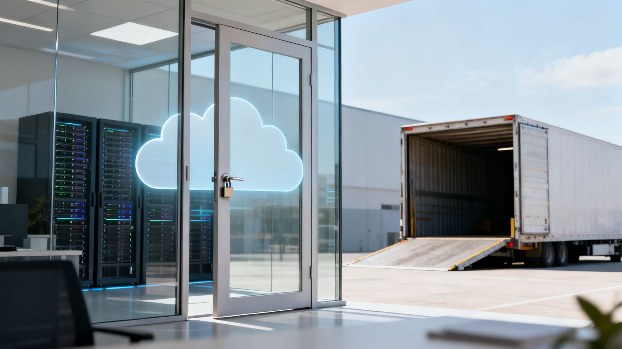 Secure cloud data center with server racks behind a locked door, and a delivery truck outside.