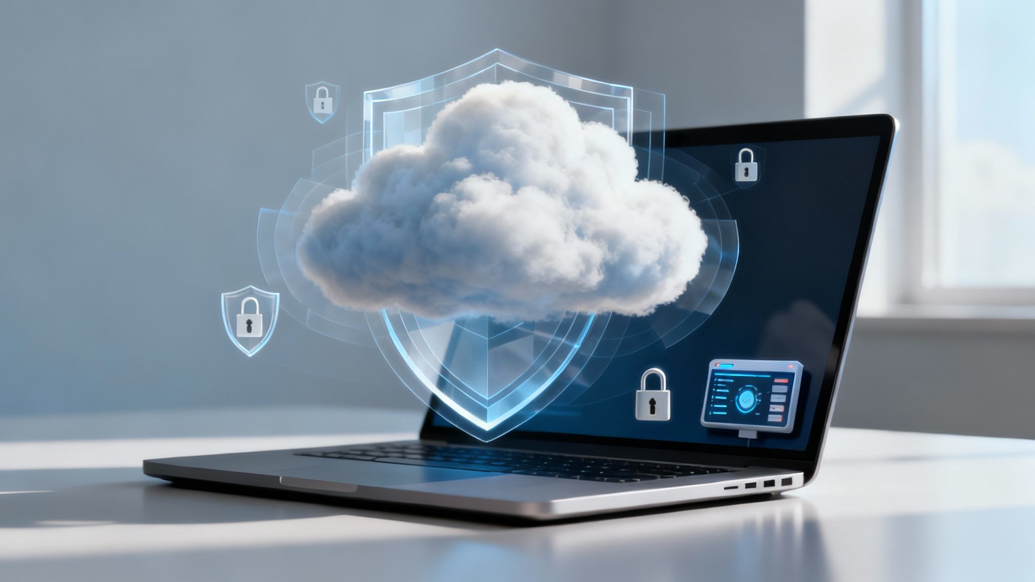 A laptop screen displaying a secure cloud icon, flanked by a shield and lock symbols, representing data protection.