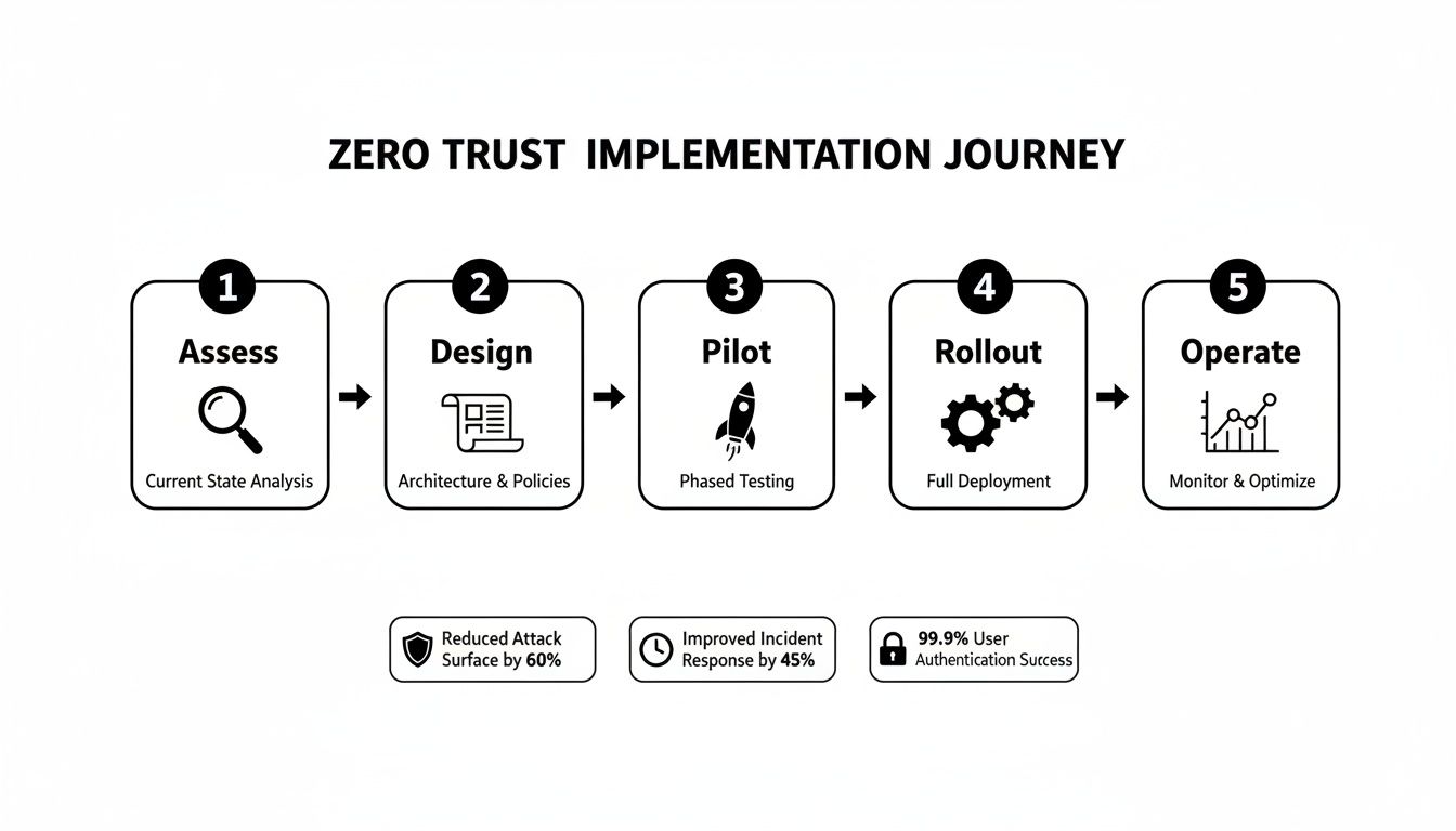 A diagram illustrating the 5-step Zero Trust implementation journey with key outcomes.