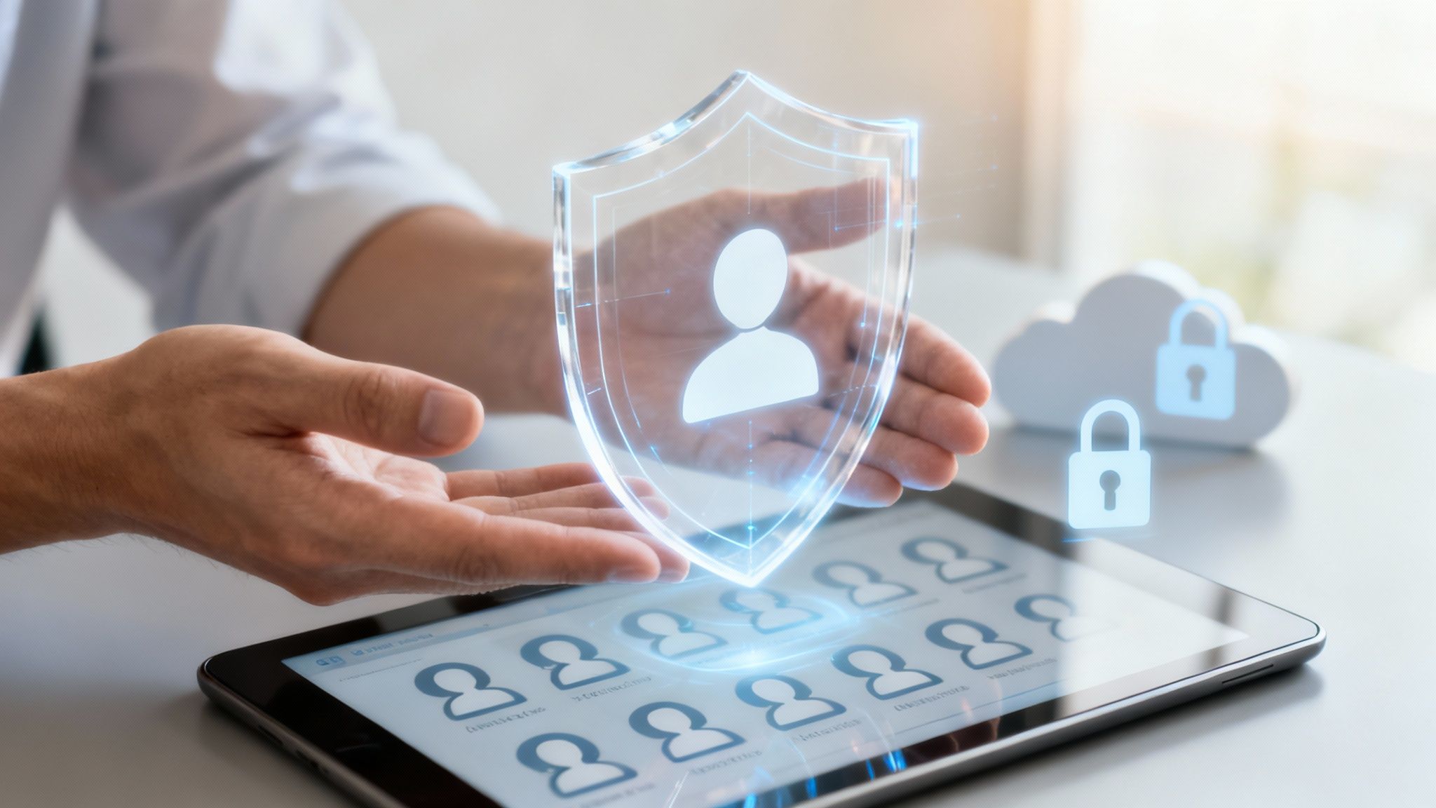 Hands protect a digital shield with user icon, symbolizing data and cloud security.